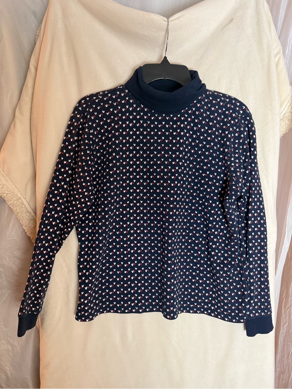 L.L. Bean Navy Turtleneck Sweater with Pink & White Heart Pattern